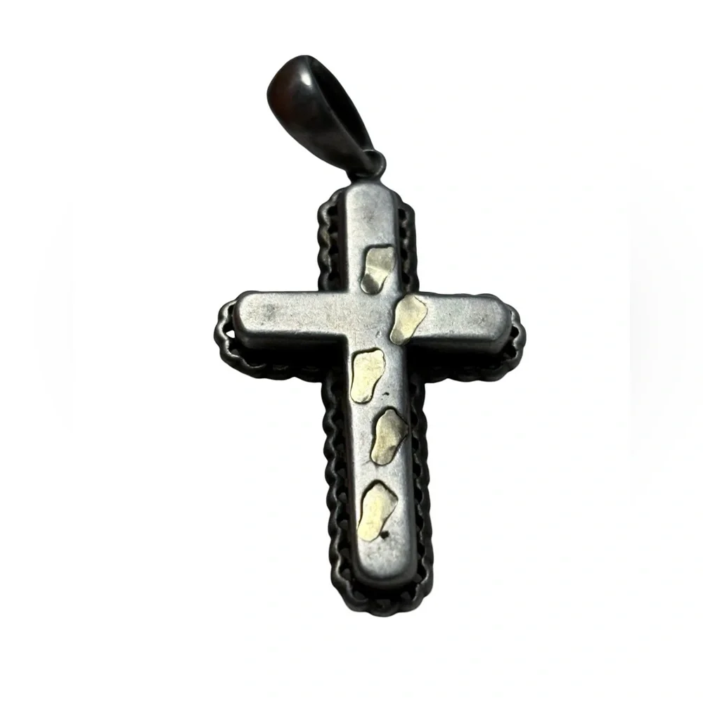 14k Gold & Sterling Silver JCM 3 Dimensional Footsteps Cross Religious Pendant
